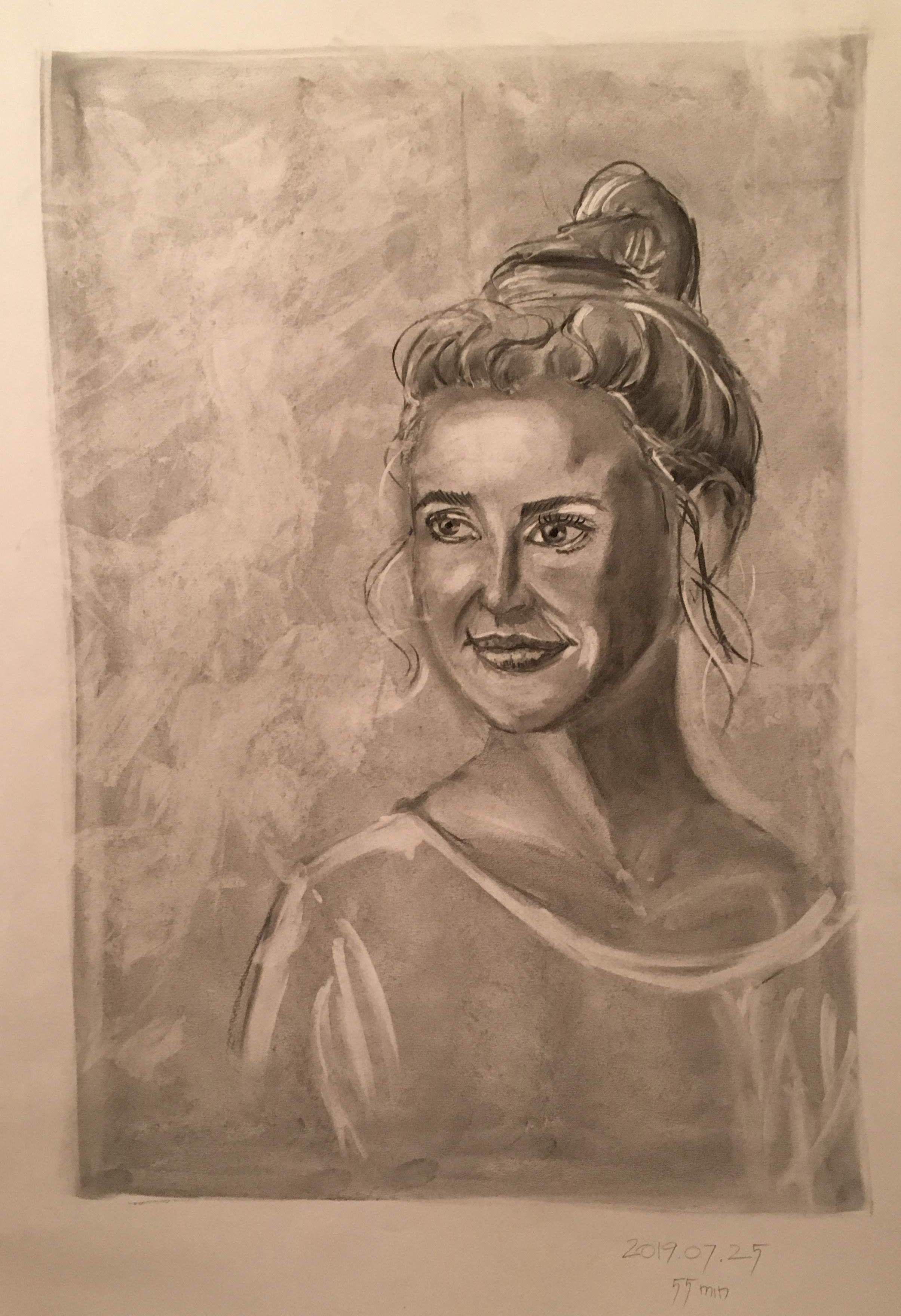 Full portrait drawing. Vine charcoal on flip-chart paper. (Photo reference from the course)