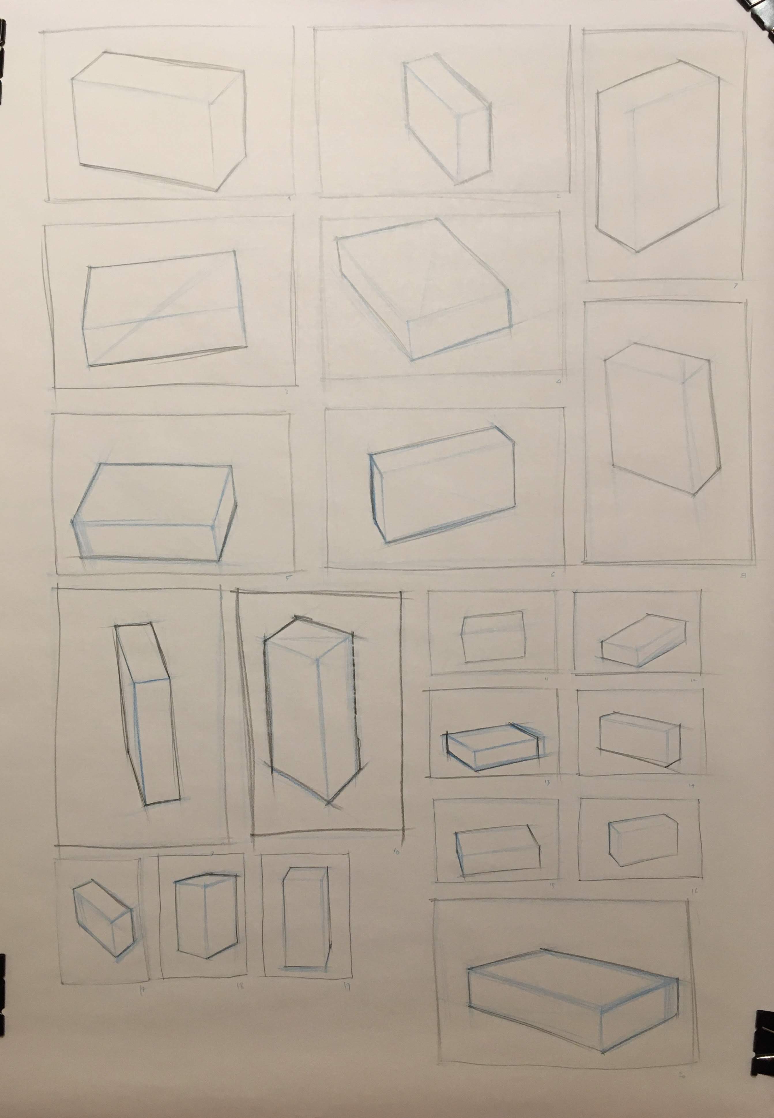 Pencils and Erasers assignment: drawing first with the blue pencil, then enforce with the black