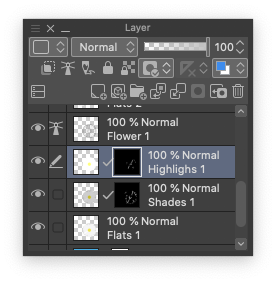 mask completely the shadows and the highlights; put the shadows over the flat colors and the highlights over the shadows; use a white brush to paint the masks in order to reveal the highlights and the shadows